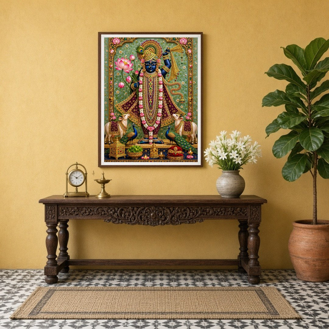 Immerse yourself in the divine splendor of Shrinathji, beautifully presented amidst a lush cascade for Entrance