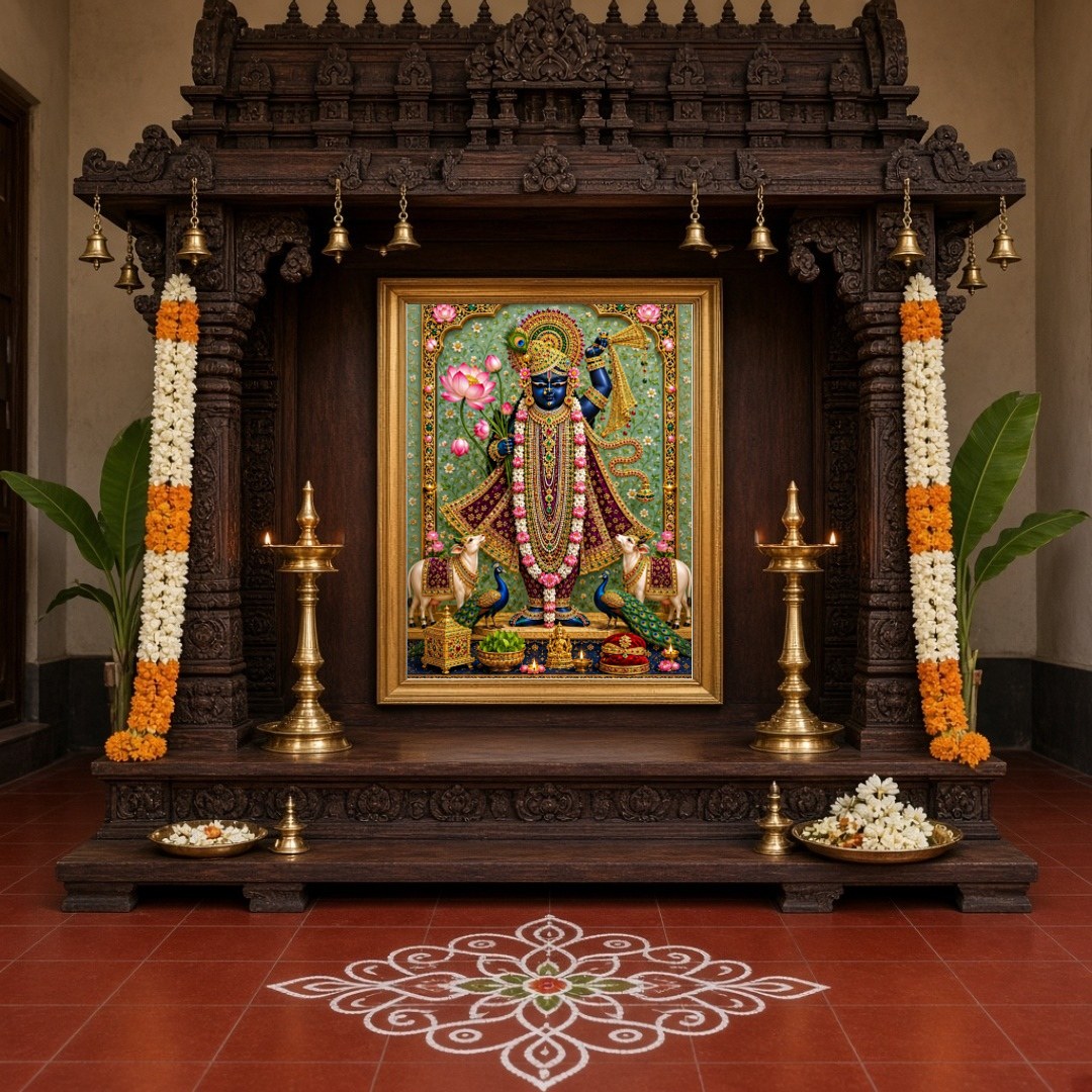 Immerse yourself in the divine splendor of Shrinathji, beautifully presented amidst a lush cascade for Home Temple