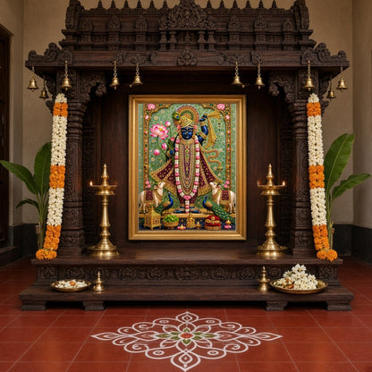Immerse yourself in the divine splendor of Shrinathji, beautifully presented amidst a lush cascade for Home Temple