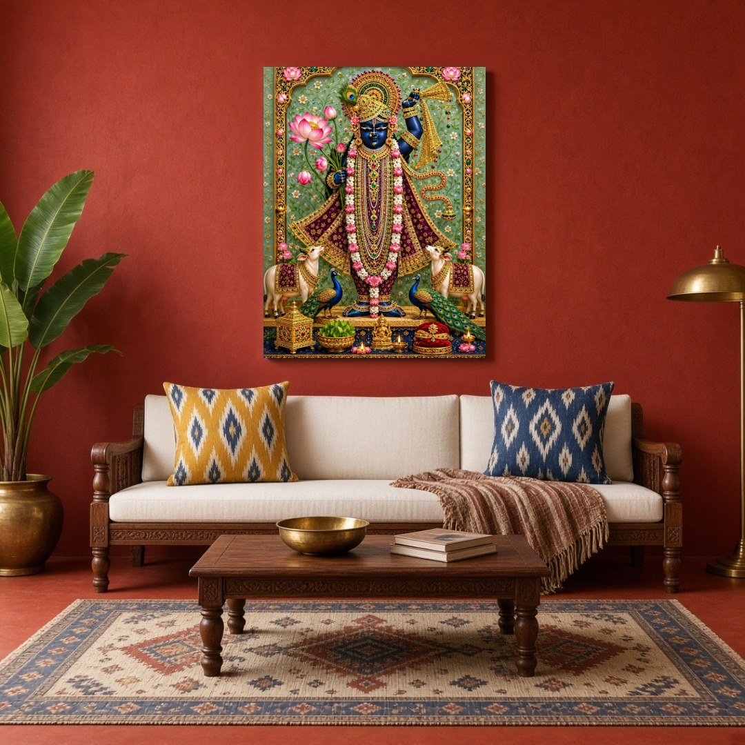 Immerse yourself in the divine splendor of Shrinathji, beautifully presented amidst a lush cascade for Living Room