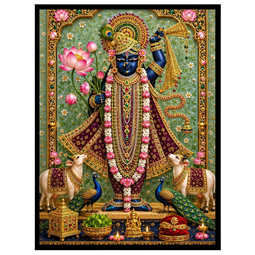 Immerse yourself in the divine splendor of Shrinathji, beautifully presented amidst a lush cascade for nook