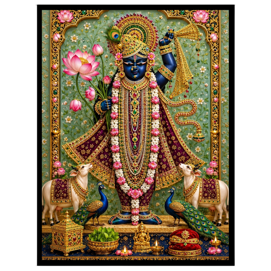 Immerse yourself in the divine splendor of Shrinathji, beautifully presented amidst a lush cascade for nook