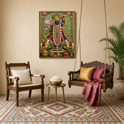 Immerse yourself in the divine splendor of Shrinathji, beautifully presented amidst a lush cascade for Sitting Lounge