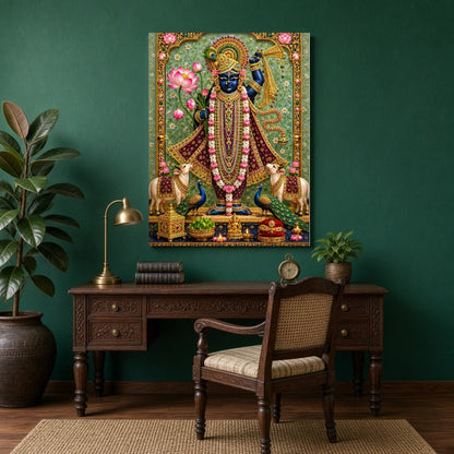 Immerse yourself in the divine splendor of Shrinathji, beautifully presented amidst a lush cascade for Study