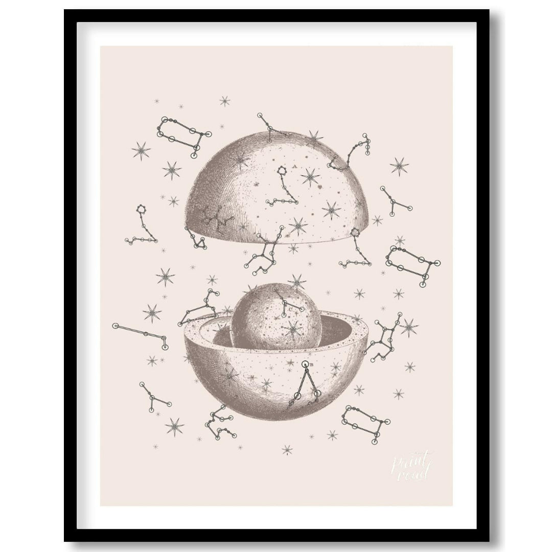 This vintage-inspired illustration depicts a dissected celestial sphere, revealing an inner core su… for abode