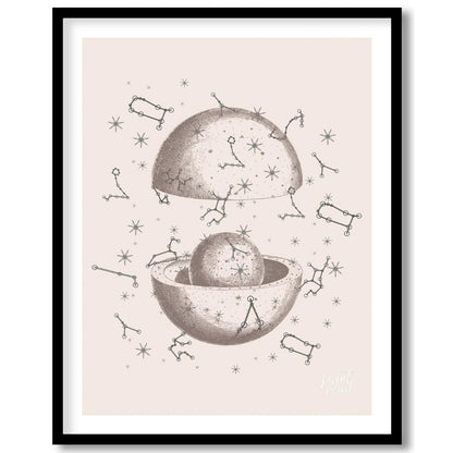 This vintage-inspired illustration depicts a dissected celestial sphere, revealing an inner core su… for abode