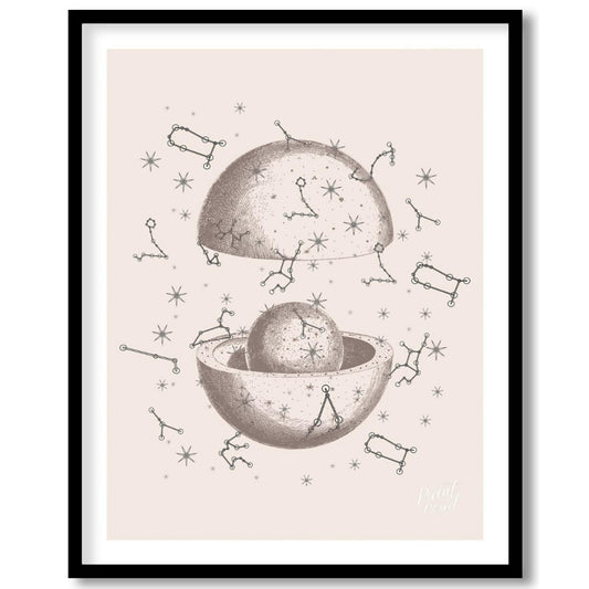 This vintage-inspired illustration depicts a dissected celestial sphere, revealing an inner core su… for abode