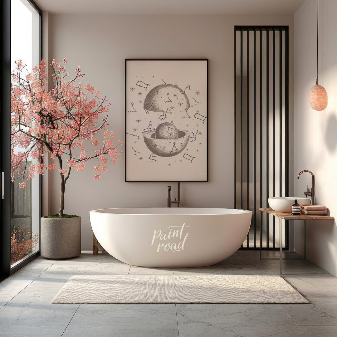 This vintage-inspired illustration depicts a dissected celestial sphere, revealing an inner core su… for bathroom