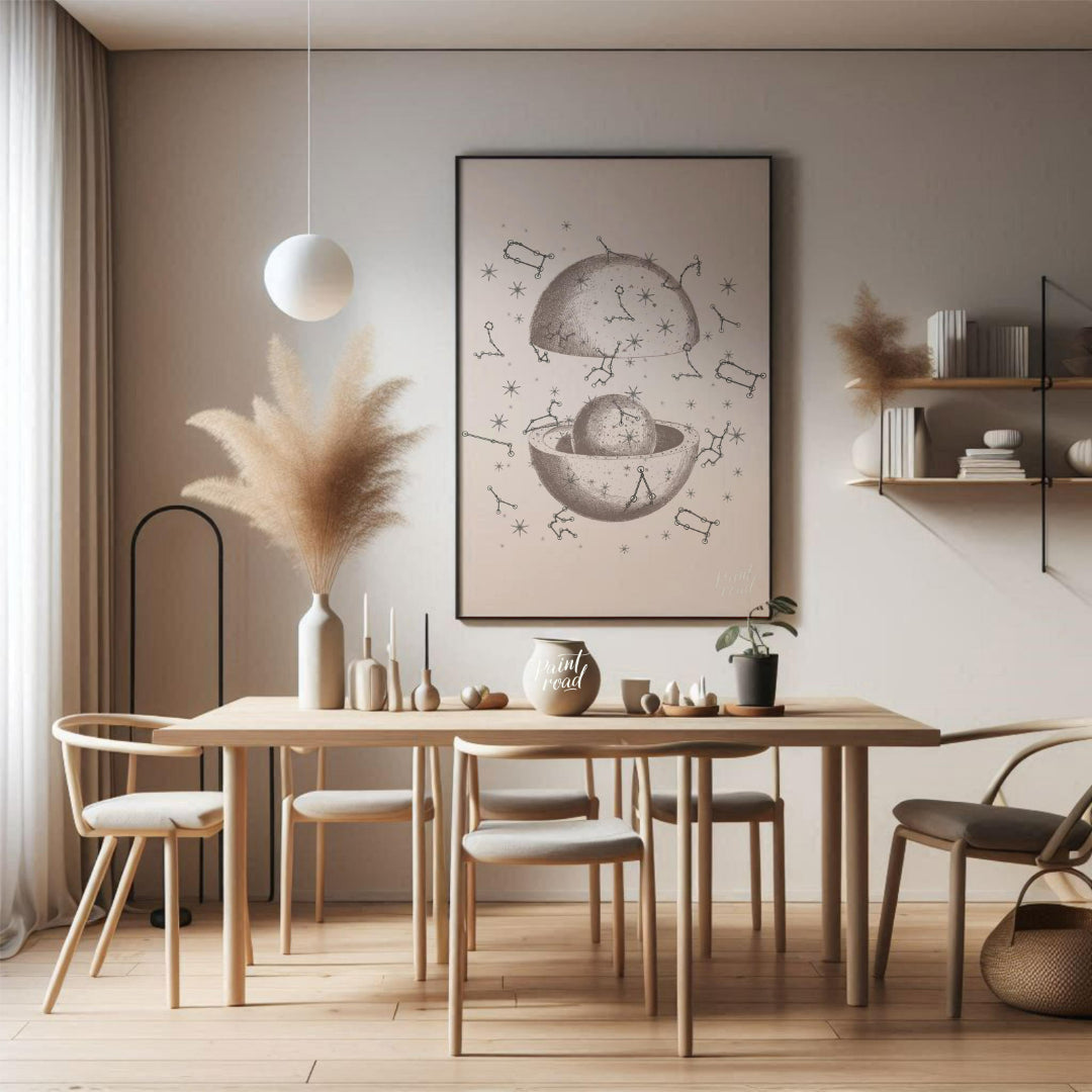 This vintage-inspired illustration depicts a dissected celestial sphere, revealing an inner core su… for dining room