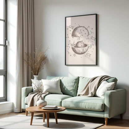This vintage-inspired illustration depicts a dissected celestial sphere, revealing an inner core su… for living room