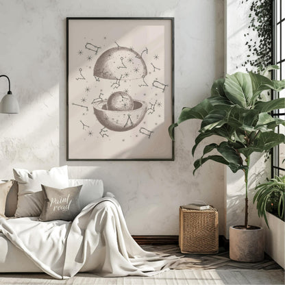 This vintage-inspired illustration depicts a dissected celestial sphere, revealing an inner core su… for living room