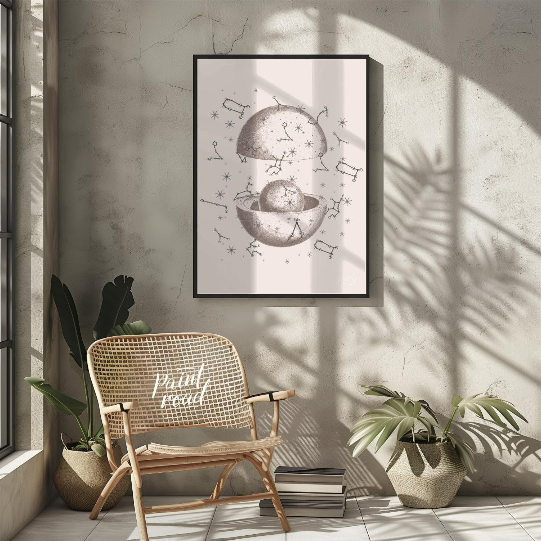 This vintage-inspired illustration depicts a dissected celestial sphere, revealing an inner core su… for living room