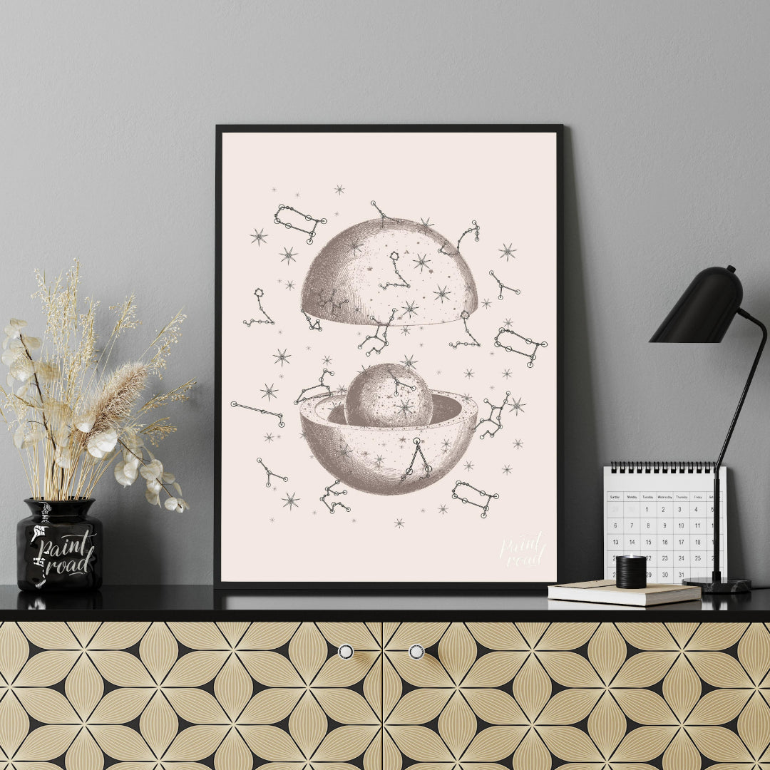 This vintage-inspired illustration depicts a dissected celestial sphere, revealing an inner core su… for office