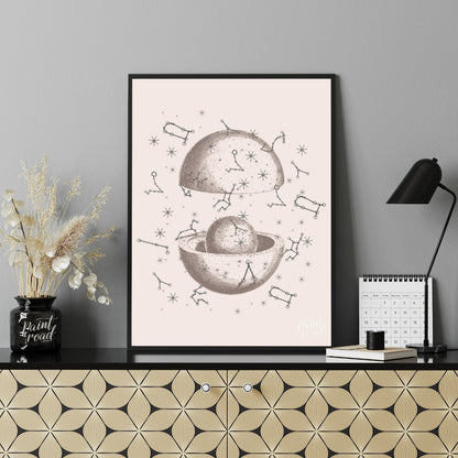 This vintage-inspired illustration depicts a dissected celestial sphere, revealing an inner core su… for office