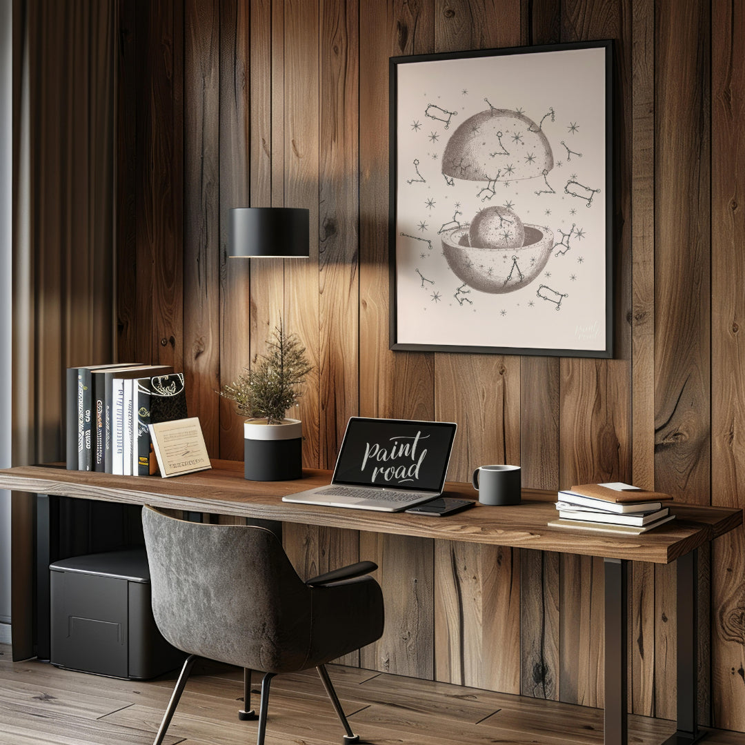 This vintage-inspired illustration depicts a dissected celestial sphere, revealing an inner core su… for office