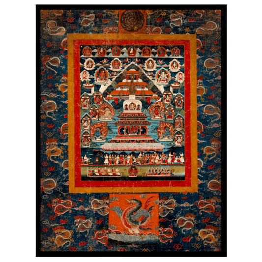 Experience the serene balance and intricate beauty of the Celestial Temple Mandala Thangka. This for dwelling
