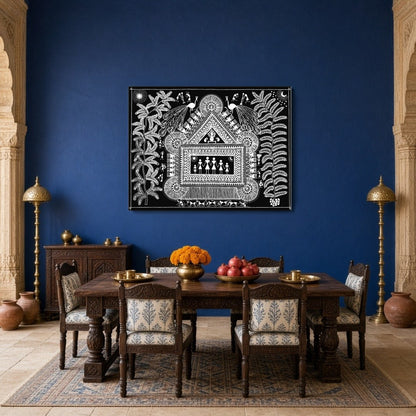 Immerse yourself in the delightful intricacies of this Warli art piece, where a family gathers for Dining