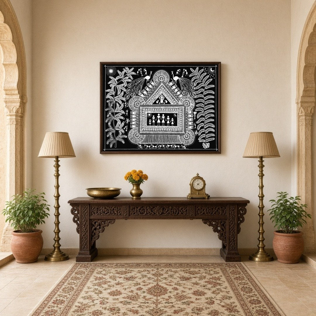 Immerse yourself in the delightful intricacies of this Warli art piece, where a family gathers for Hallway