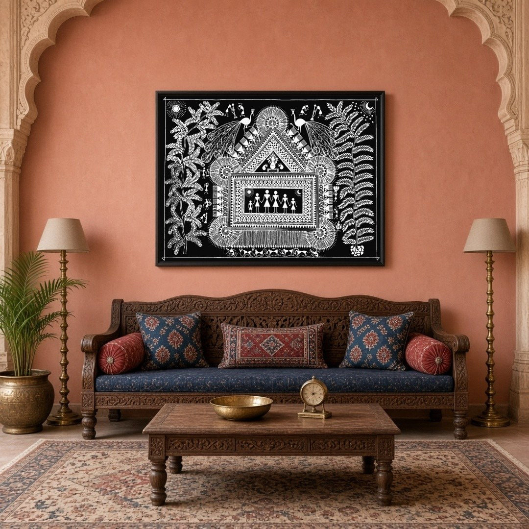 Immerse yourself in the delightful intricacies of this Warli art piece, where a family gathers for Living Room