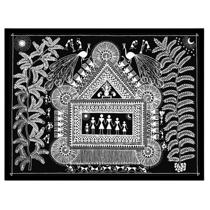 Immerse yourself in the delightful intricacies of this Warli art piece, where a family gathers for place