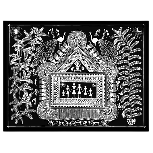 Immerse yourself in the delightful intricacies of this Warli art piece, where a family gathers for place
