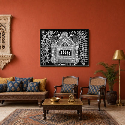 Immerse yourself in the delightful intricacies of this Warli art piece, where a family gathers for Sitting Area