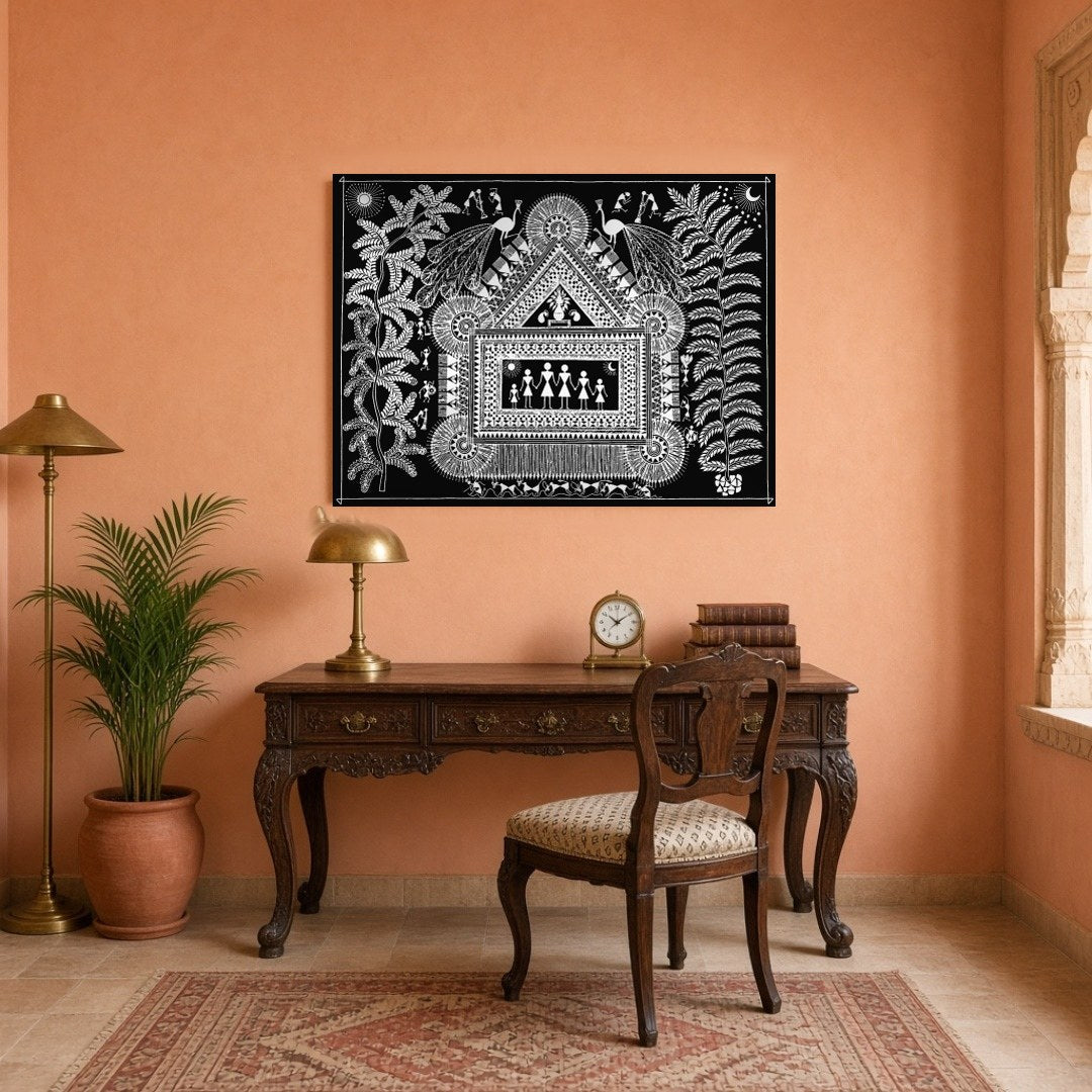 Immerse yourself in the delightful intricacies of this Warli art piece, where a family gathers for Study
