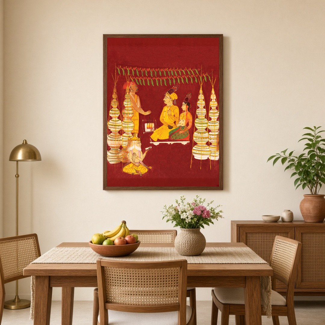 Experience a divine moment captured in this mesmerizing artwork, depicting a sacred wedding for Dining