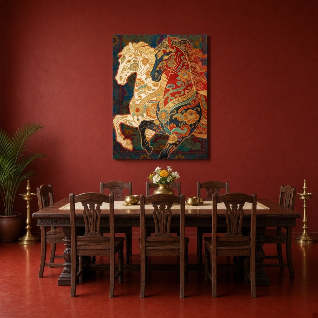 Immerse yourself in the rich traditions of Indian folklore with this captivating Pattachitra for Dining
