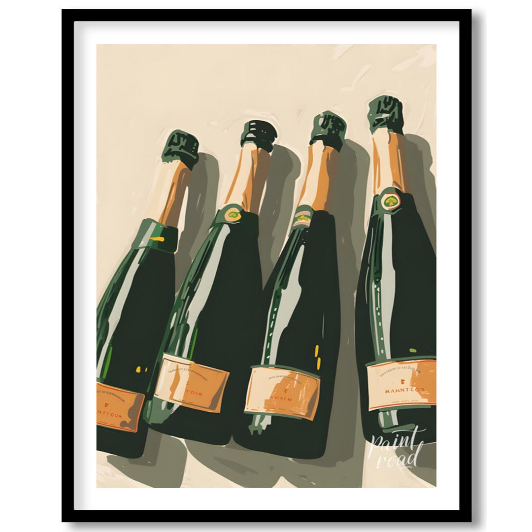 A stylish and sophisticated illustration depicting a collection of elegant champagne bottles. The a… for area