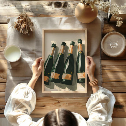 A stylish and sophisticated illustration depicting a collection of elegant champagne bottles. The a… for dining room