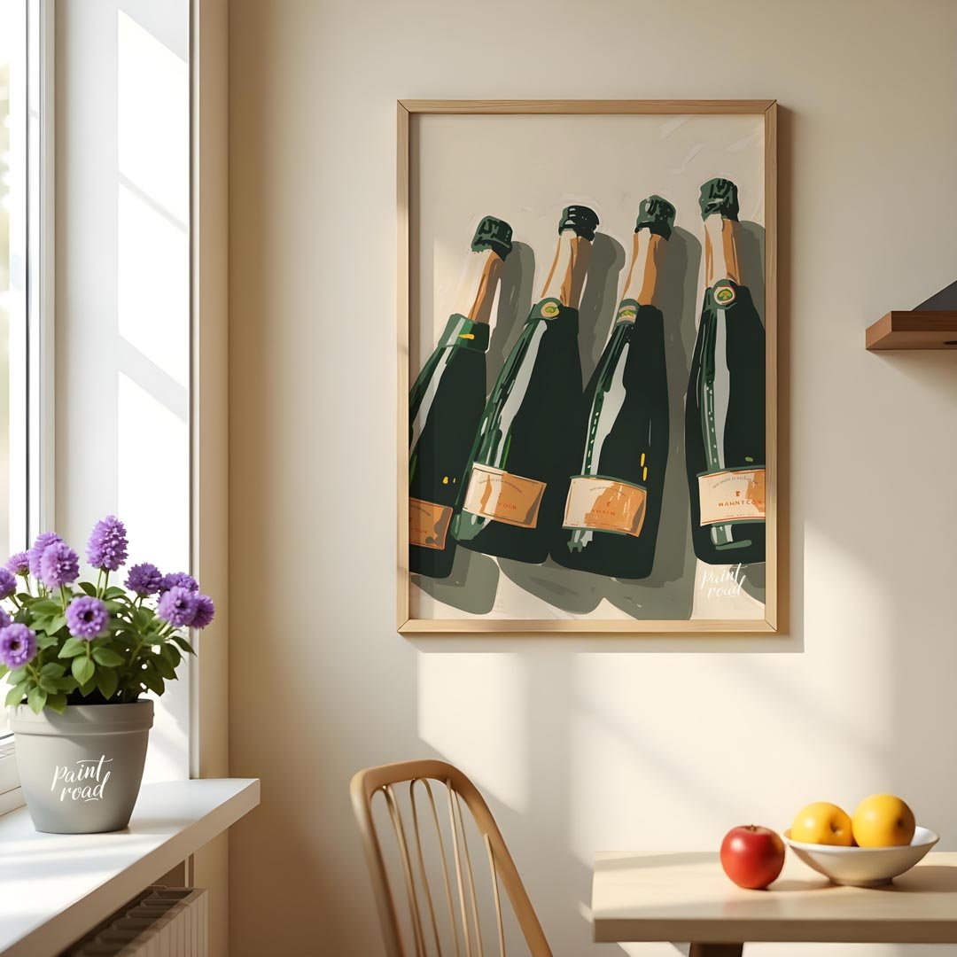 A stylish and sophisticated illustration depicting a collection of elegant champagne bottles. The a… for dining room