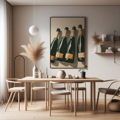 A stylish and sophisticated illustration depicting a collection of elegant champagne bottles. The a… for dining room