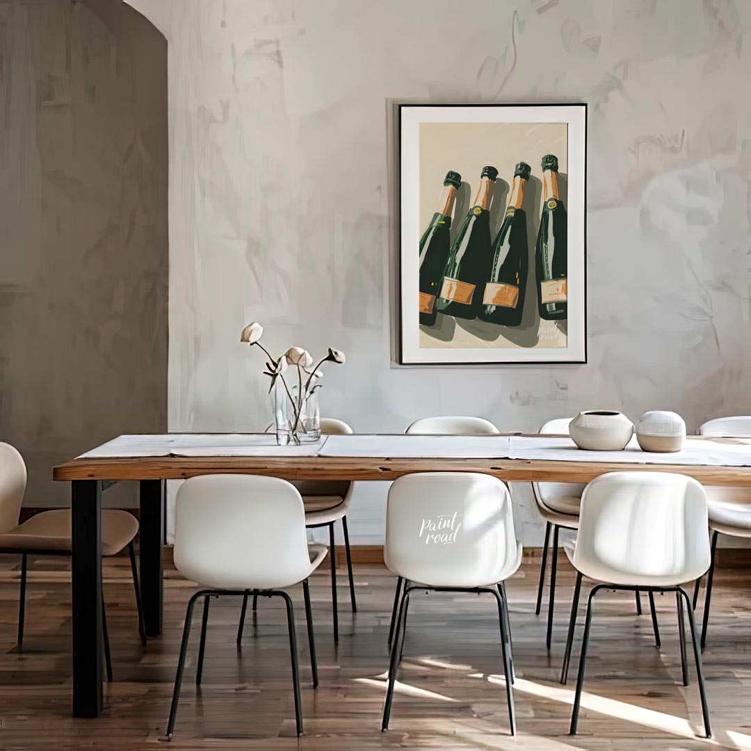 A stylish and sophisticated illustration depicting a collection of elegant champagne bottles. The a… for dining room