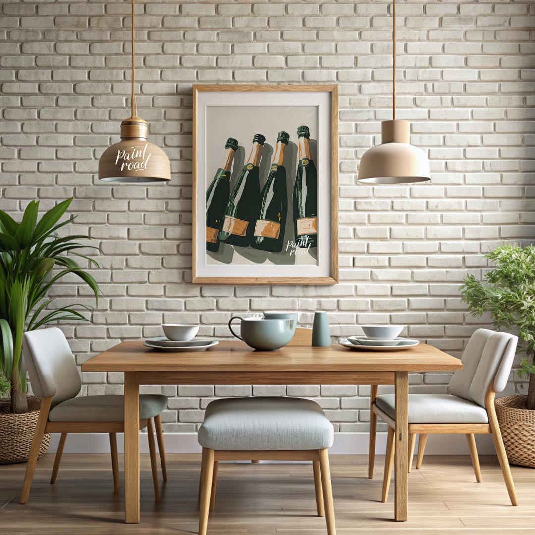 A stylish and sophisticated illustration depicting a collection of elegant champagne bottles. The a… for dining room