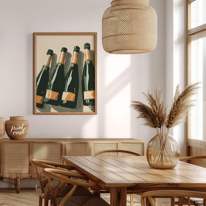 A stylish and sophisticated illustration depicting a collection of elegant champagne bottles. The a… for dining room