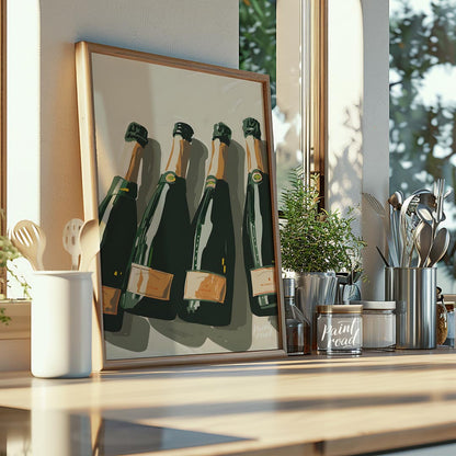 A stylish and sophisticated illustration depicting a collection of elegant champagne bottles. The a… for kitchen
