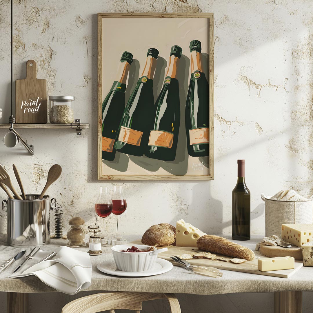 A stylish and sophisticated illustration depicting a collection of elegant champagne bottles. The a… for kitchen