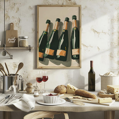 A stylish and sophisticated illustration depicting a collection of elegant champagne bottles. The a… for kitchen
