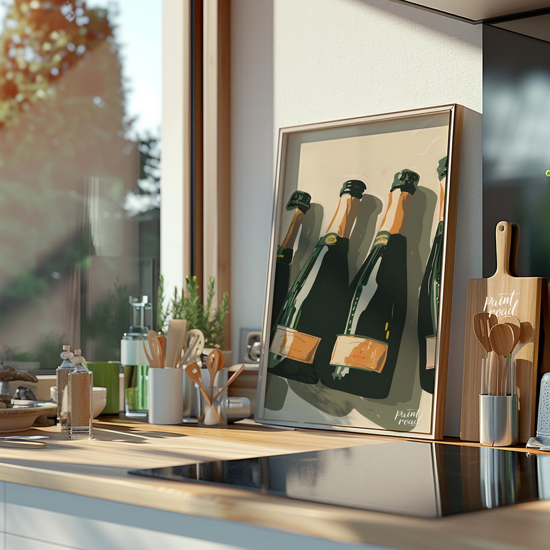 A stylish and sophisticated illustration depicting a collection of elegant champagne bottles. The a… for kitchen