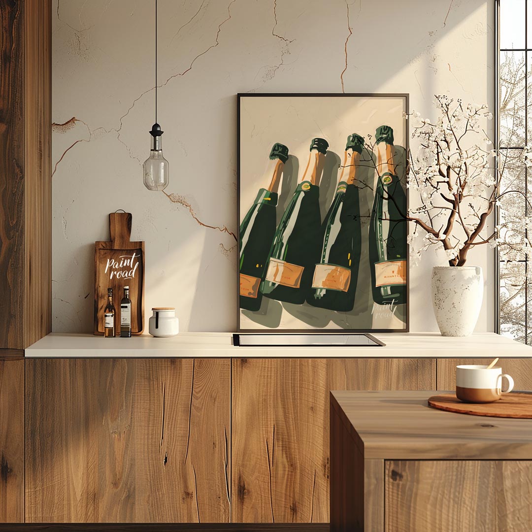 A stylish and sophisticated illustration depicting a collection of elegant champagne bottles. The a… for kitchen