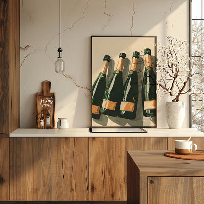 A stylish and sophisticated illustration depicting a collection of elegant champagne bottles. The a… for kitchen