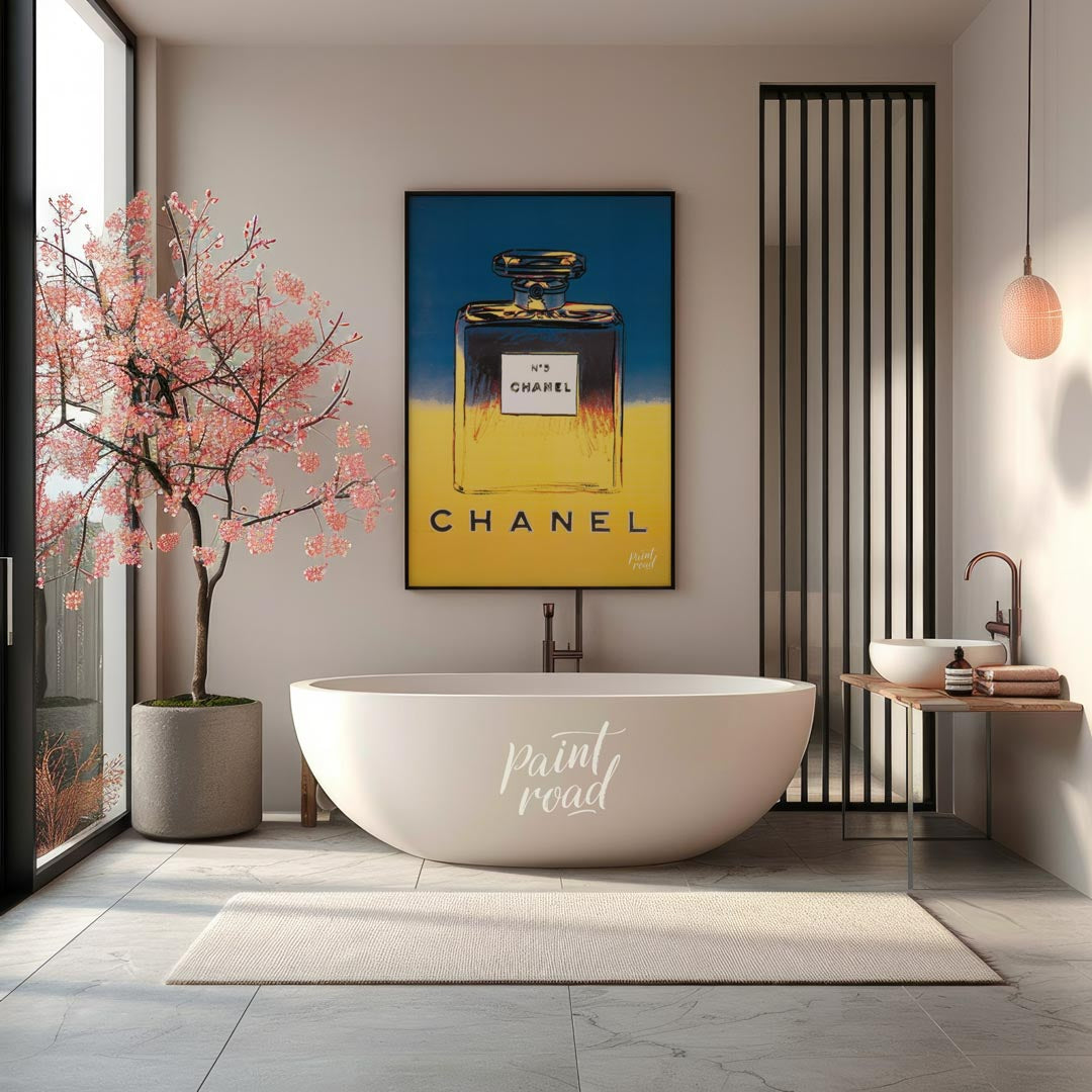 This elegant poster showcases the iconic "N°5 CHANEL" branding in bold, clean typography, repeated … for bathroom