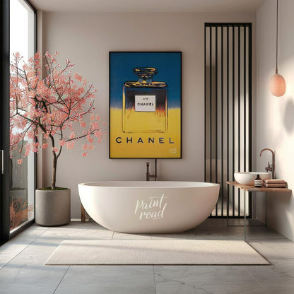 This elegant poster showcases the iconic "N°5 CHANEL" branding in bold, clean typography, repeated … for bathroom