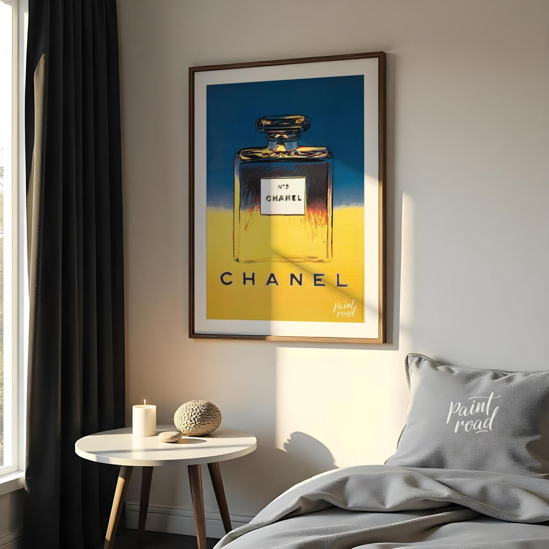 This elegant poster showcases the iconic "N°5 CHANEL" branding in bold, clean typography, repeated … for bedroom
