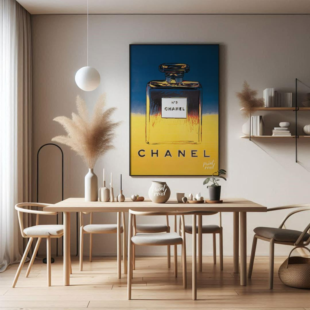 This elegant poster showcases the iconic "N°5 CHANEL" branding in bold, clean typography, repeated … for dining room
