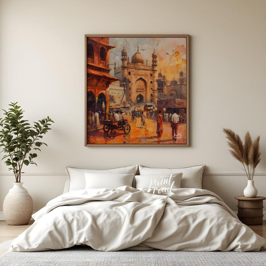 This vibrant painting captures the bustling energy of a city square in India. The iconic Charminar … for bedroom