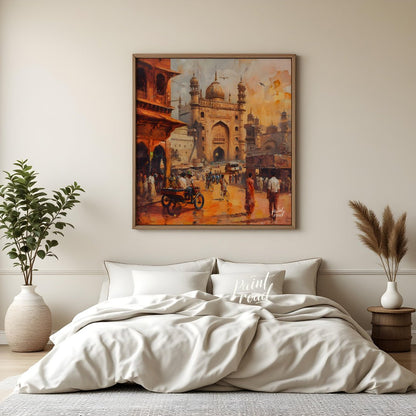 This vibrant painting captures the bustling energy of a city square in India. The iconic Charminar … for bedroom
