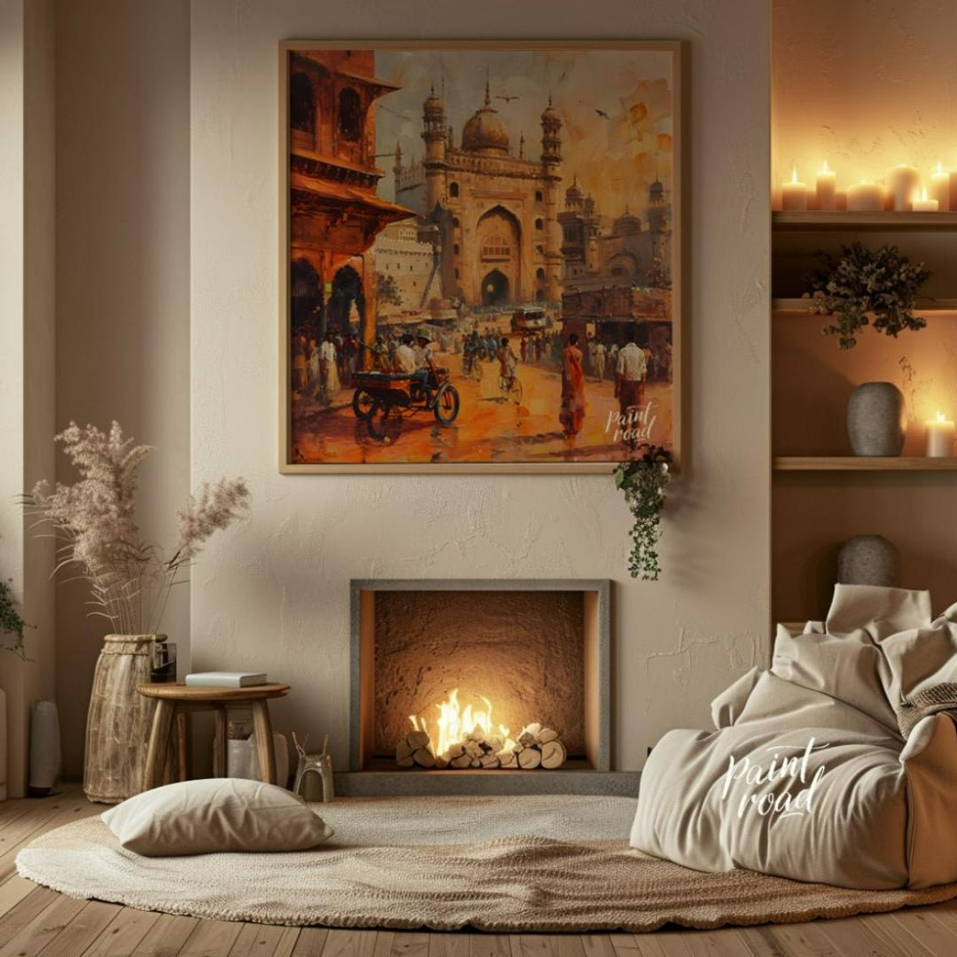 This vibrant painting captures the bustling energy of a city square in India. The iconic Charminar … for living room