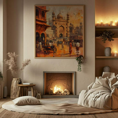 This vibrant painting captures the bustling energy of a city square in India. The iconic Charminar … for living room